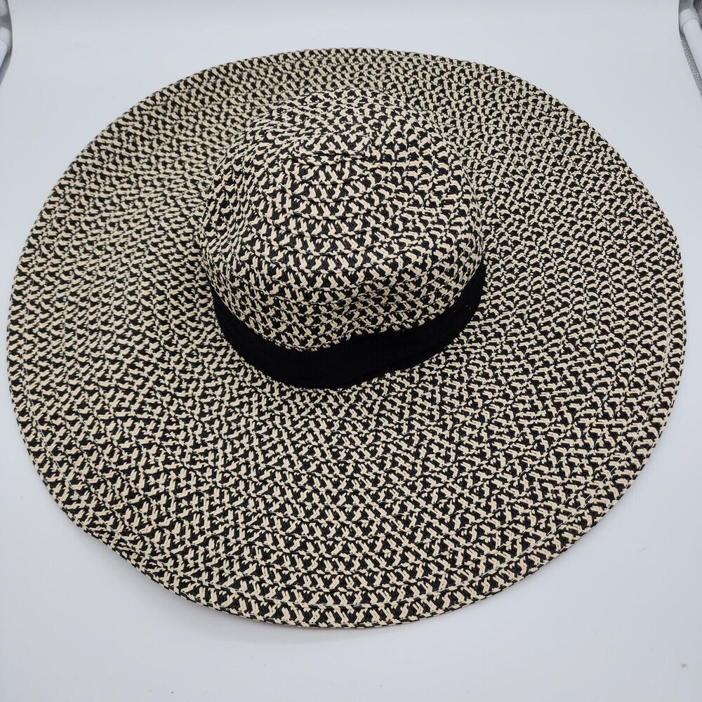Cato Womens Wide Brim Floppy Straw Sun Hat One Size Black Tan Pool Vacation